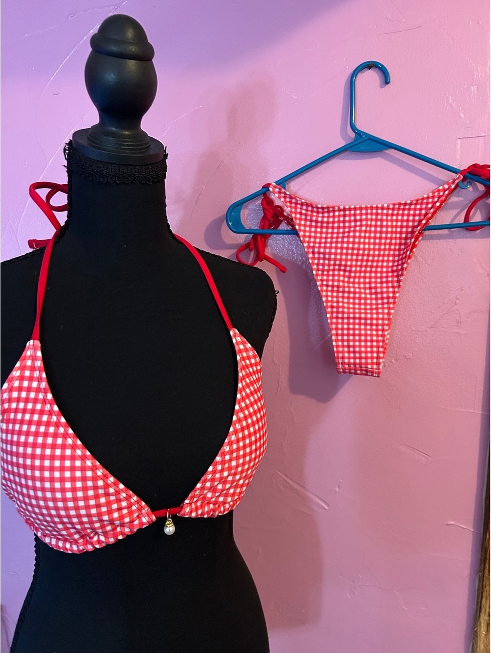 Red and White Gingham Checkered Two-Piece Bikini Set with Tie Straps and Pearl D